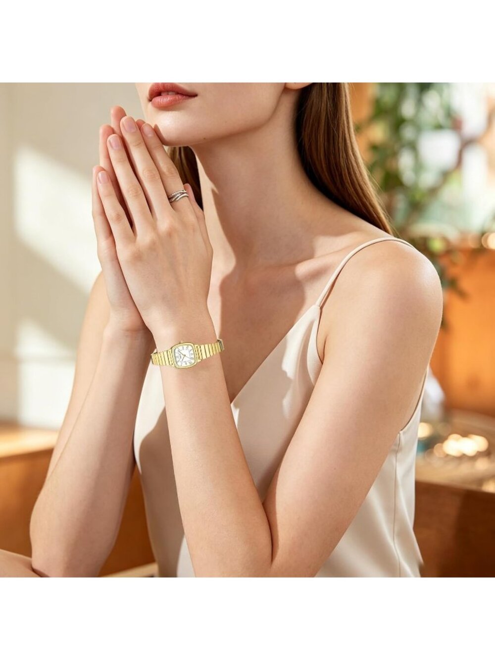 Women's White-Gold Rectangular Case Roman Dial Stainless Steel Bracelet Watches - Picture 6 of 6
